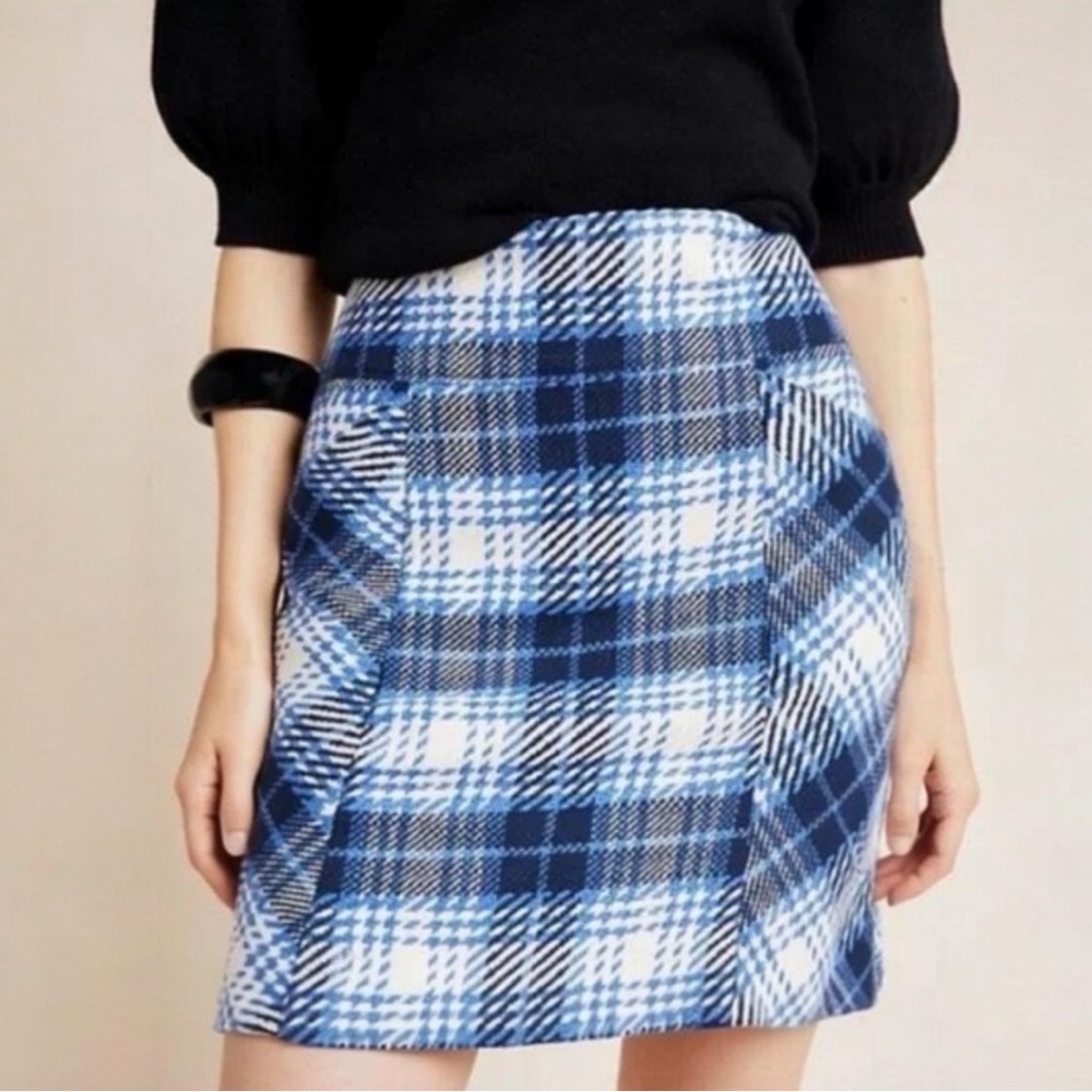 Maeve by Anthropologie Blue Plaid Tweed Mini Skirt Sz 4